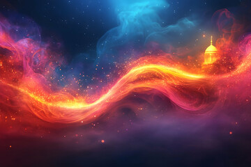 A colorful celestial artwork with an ornate golden structure