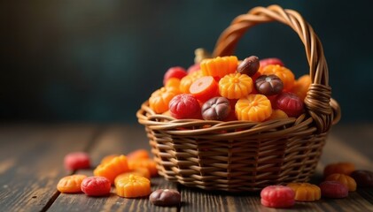 A woven basket overflowing with Halloween candy , spooky season, autumnal