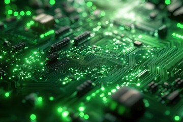 Fototapeta premium Green glowing circuit board with many components, close up. Use this for tech, AI, science, and computer related concepts.