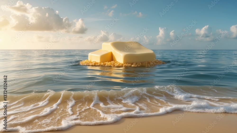 Aufkleber a surreal scene depicting a large butter block floating in calm ocean water with a sandy beach shore
