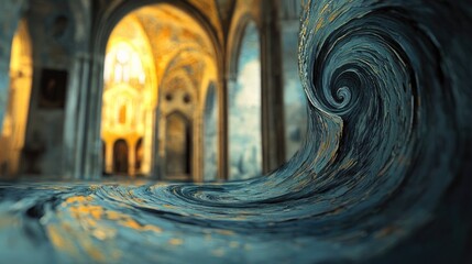 A swirling textural wave and blurred architectural interior are shown