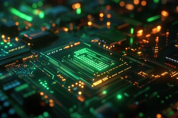 Fototapeta premium Macro shot of a detailed circuit board with green and orange lights. Illustrates technology, artificial intelligence, data, networks, and innovation.