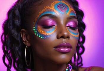Woman with Vibrant Face Paint and Curly Hair