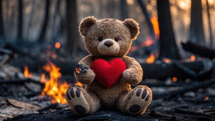 A teddy bear with a red heart sits amidst a burned forest, evoking feelings of love and loss