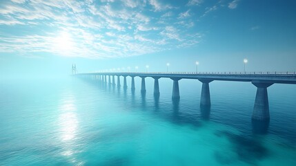 Obraz premium Majestic suspension bridge spans turquoise ocean waters, connecting distant shores with concrete pillars rising from the sea, illuminated by gentle sunlight under an expansive blue sky. 