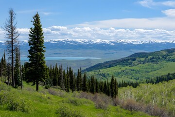 Mountain vista; trees, meadows, lake, and snowy peaks in the distance