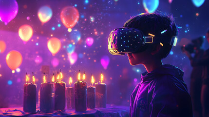 A child experiences virtual reality amidst balloons and candles