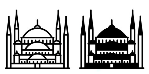 Blue mosque editable stroke outline & solid icon isolated on white background flat vector illustration, black outline, Pixel perfect