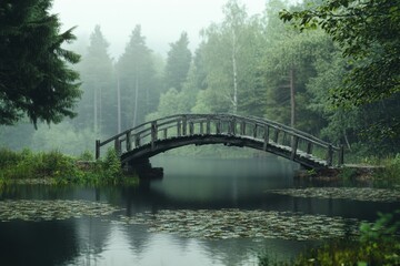 Serene wooden bridge over still waters in a misty forest landscape during early morning