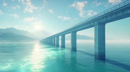 Majestic suspension bridge spans turquoise ocean waters, connecting distant shores with concrete pillars rising from the sea, illuminated by gentle sunlight under an expansive blue sky.  