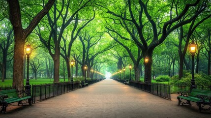 Obraz premium A misty park pathway lined with trees, offering a peaceful route for morning runs.