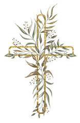 Watercolor Easter Golden cross with greenery branch, baptism cross illustration, wedding invitation, graphic religious clipart