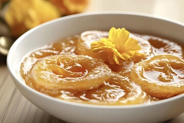 Slices of quince cheese, a traditional iberian sweet, are served in a white bowl, garnished with a yellow edible flower, creating a visually appealing and delicious dessert