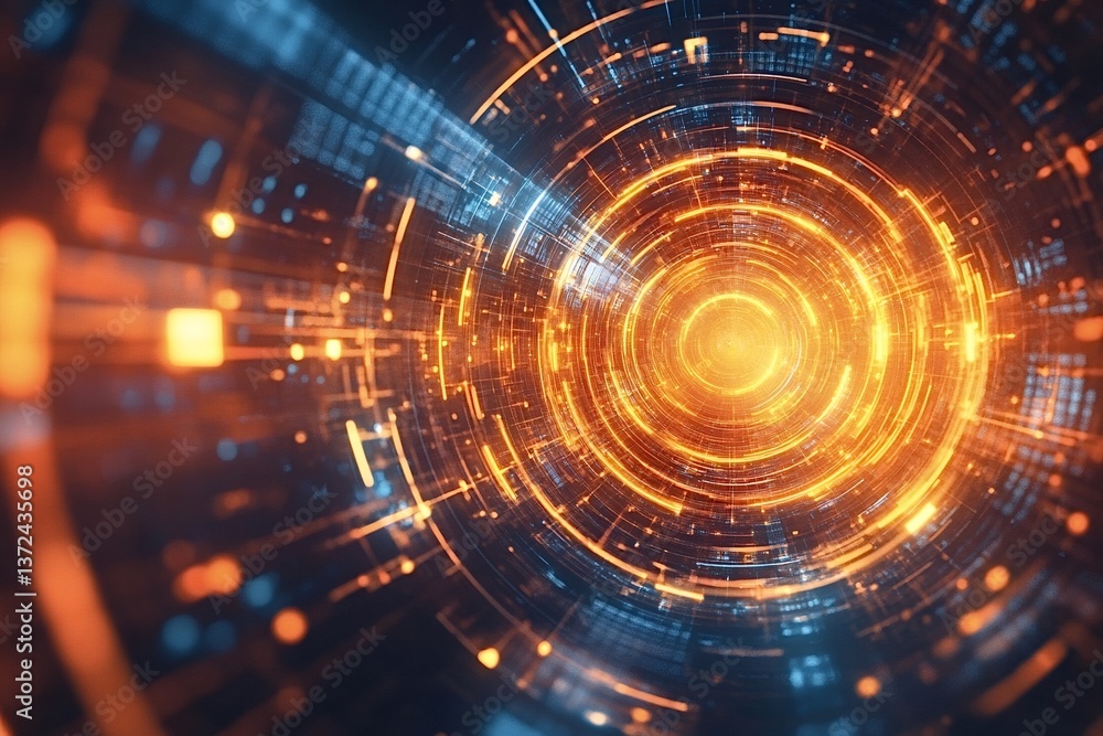 Poster concentric glowing orange and blue rings rotate rapidly, creating a futuristic technological vortex,