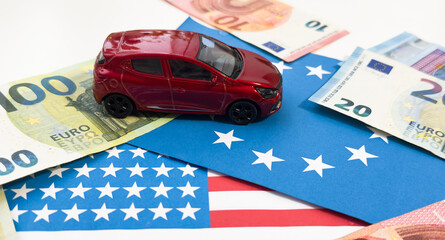 Car on the money and usa flag, finance purchase sale insurance concept