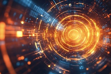 Obraz premium Concentric glowing orange and blue rings rotate rapidly, creating a futuristic technological vortex, with digital code streaming in the background