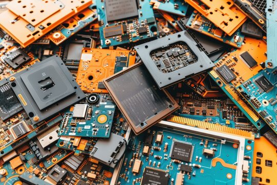 A vibrant collection of electronic circuit boards and processors, showcasing intricate designs and a mix of colors in a chaotic arrangement.
