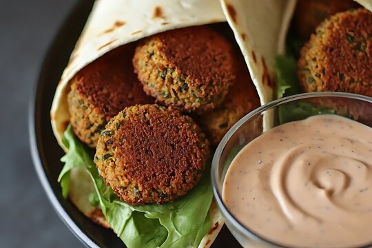 Falafel Pitas with Creamy Sauce Close-up of Delicious Middle Eastern Food.