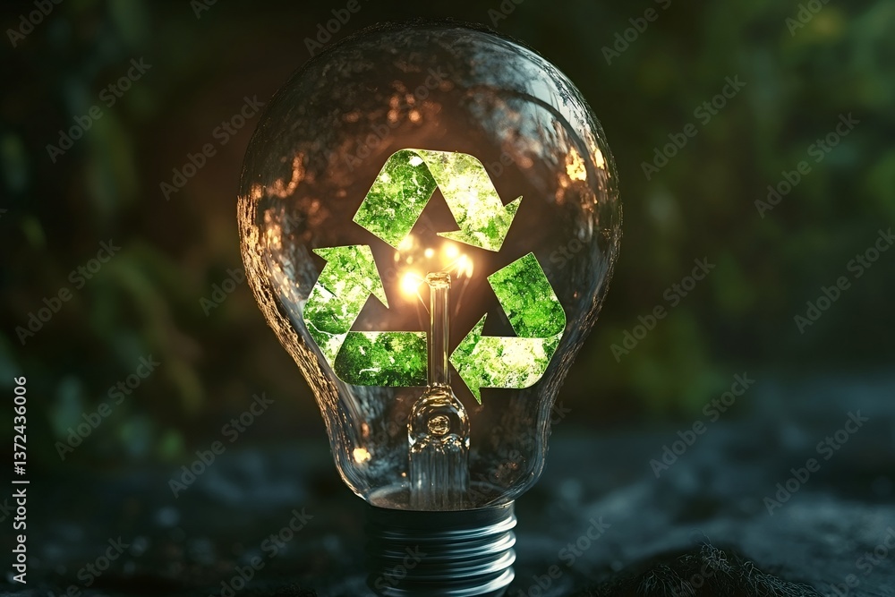 Poster light bulb illuminating recycling symbol with a nature background promoting environmental conservati