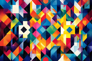 A vibrant abstract geometric art piece with various bright colors