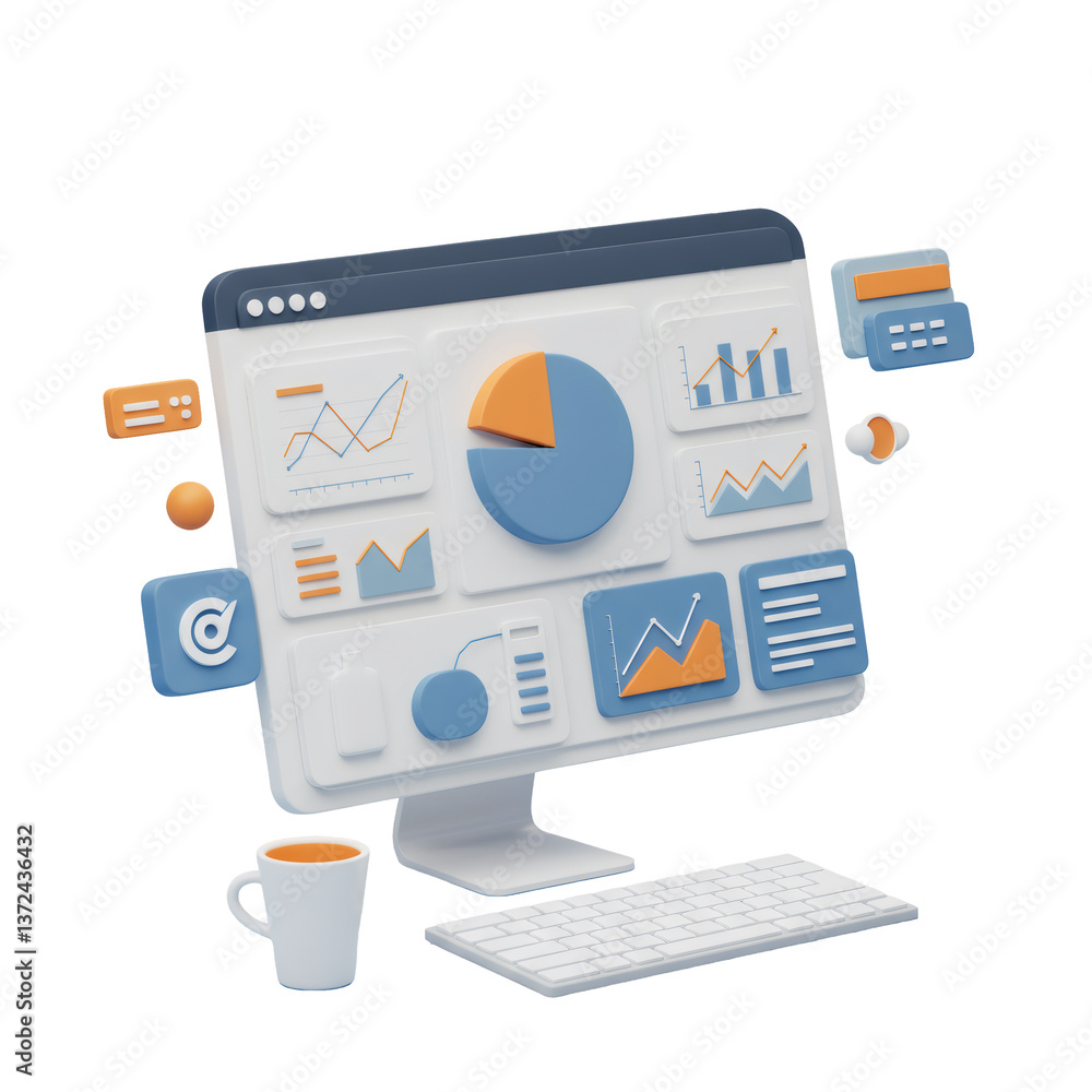 Fototapete Stylized 3D Render of a Computer Dashboard with Charts and Graphs