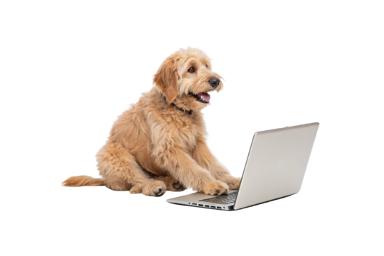 A fluffy golden doodle playfully types on a laptop. Tongue out, paws active—it’s a canine coder, mixing cuteness with tech-savvy charm and digital curiosity, isolated on a transparent background