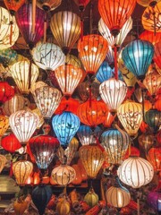 colorful traditional asian lanterns hanging in a market