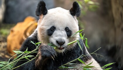 Fototapeta premium A panda eating bamboo and bamboo leaves with his hands on the ground in a zoo; a cute chubby panda diligently eating bamboo while sitting on the ground; close up view of a panda during a meal