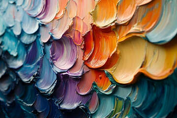 A close up of colorful impasto oil paint strokes