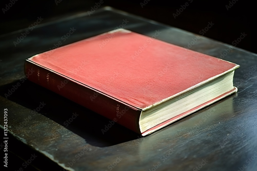 Poster red hardcover book with visible title and author name, lying on a dark wooden table, illuminated by 