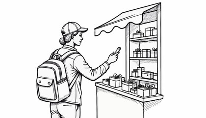 Person buying souvenirs while looking at a gift shop display  