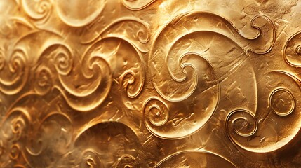 Golden swirls and flourishes on a shiny metallic surface.