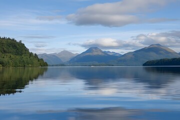 Mountains mirrored on calm water under a cloudy blue sky. Serene scene