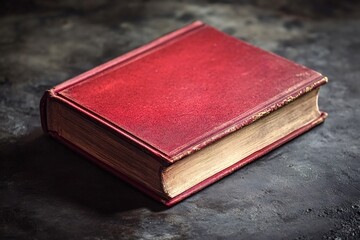 Obraz premium Antique red book with worn edges and gold page ends rests on a dark, textured surface, evoking a sense of history, knowledge, and timeless literature