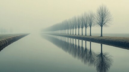 Serene reflection of trees on tranquil river beneath a misty sky landscape