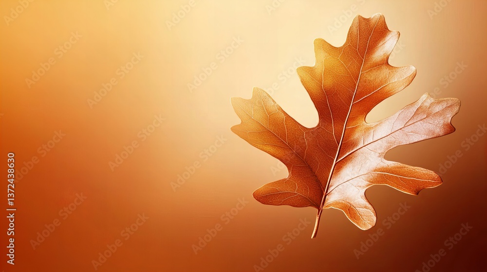 Poster oak leaf displays intricate venation patterns against an orange gradient background, creating a warm