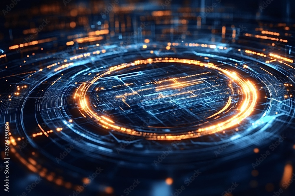Aufkleber complex network of circuits and nodes forming a circular motherboard design, illuminated by vibrant 