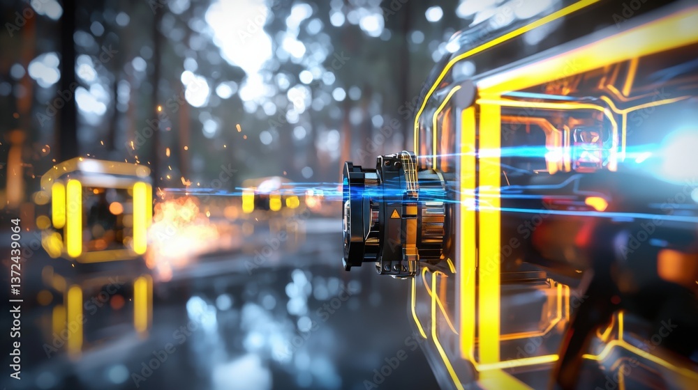 Poster dynamic laser beam action in futuristic forest setting digital art sci-fi environment close-up persp