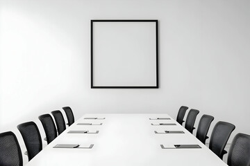 Empty modern conference room, meeting table, chairs, white wall, blank frame