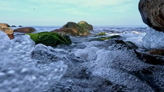 Flowing seething water pours into the sea on stones near the shore overgrown with green algae Enteromorpha, Black Sea