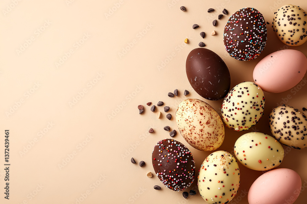 Poster row of chocolate eggs with sprinkles on top. the eggs are arranged in a row and are of different col