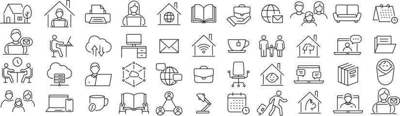 ベクターでモノクロのリモートワークに関する線画アイコンセット  © syoko