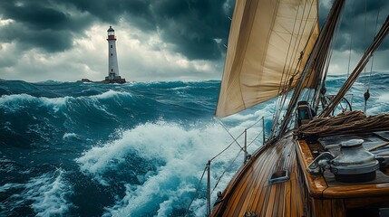 Sailing vessel navigates rough teal seas with billowing tan sails, facing dramatic waves under stormy sky with distant lighthouse standing against atmospheric clouds.