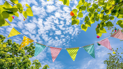 colorful pennant string decoration in green tree foliage on blue sky, summer party background template banner with copy space