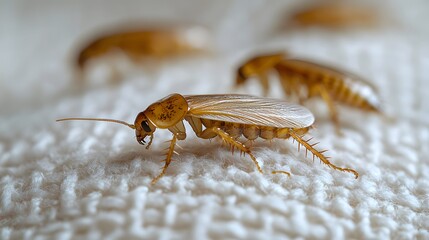 Small cockroach nymphs with glossy brown exoskeletons crawl on a textured white surface in extreme macro close-up, showcasing household pests in sharp focus.