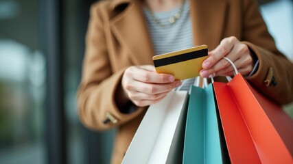 Obraz premium Woman holding a credit card while carrying colorful shopping bags, suggesting retail therapy.