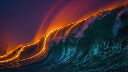 Fototapeta premium Bioluminescent wave glowing orange under a colorful sky at sunset