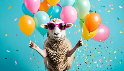sheep wearing sunglasses holding happy birthday balloons and confetti explosion flying around on solid background (4)