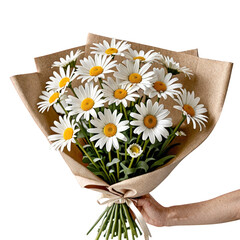 Floral Elegance: A close-up shot of a person holding a bouquet of fresh, beautiful daisy flowers with bright yellow centers and pure petals, artfully wrapped in brown paper.