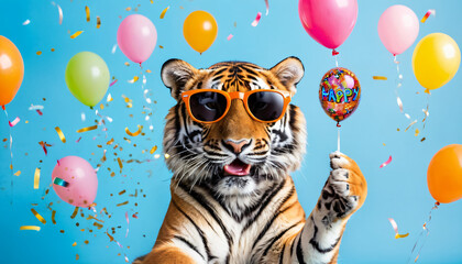 tiger wearing sunglasses holding happy birthday balloons and confetti explosion flying around on solid background (5)